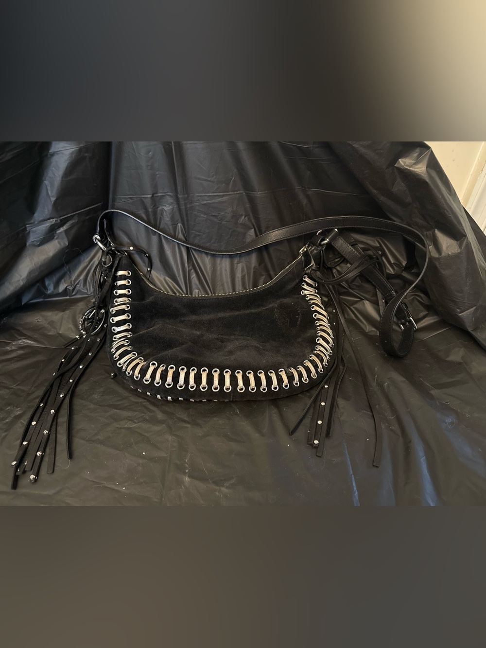 Michael Kors Black Suede Hobo with Silver Eyelet Trim and Fringe